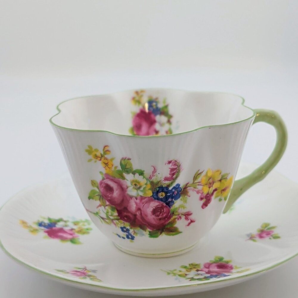 Shelley China Hulmes Rose Teacup & Saucer Dainty Shape Floral Design Green Trim